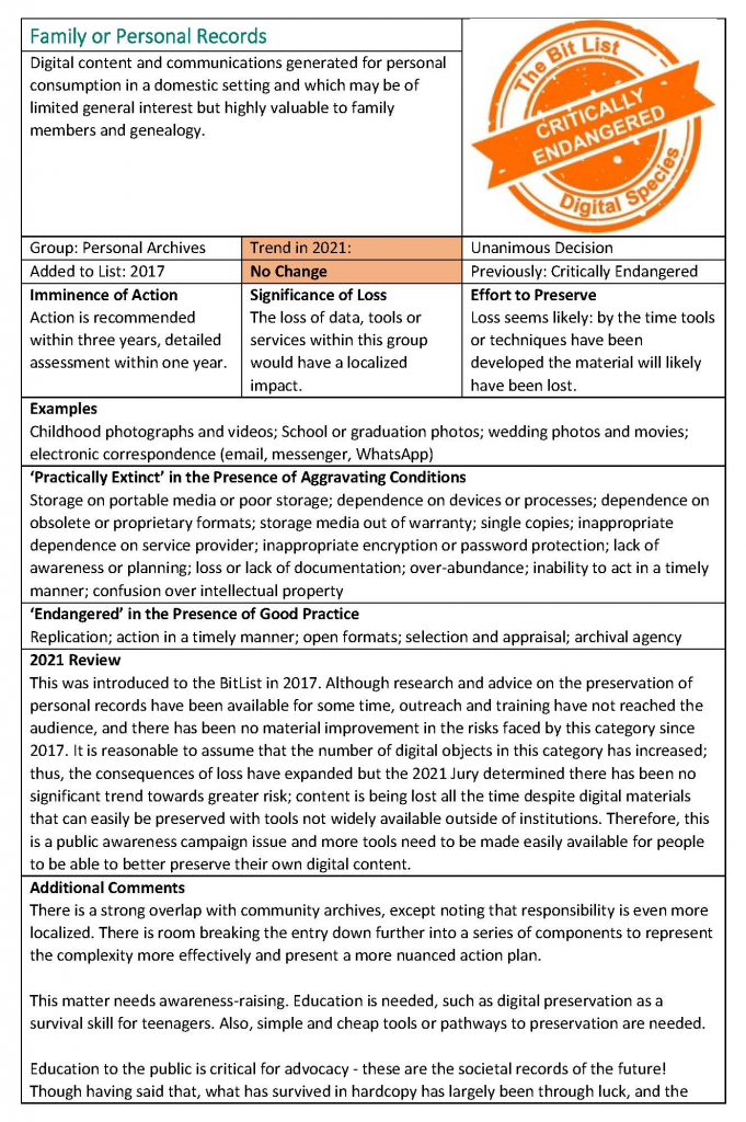 Eintrag der Family or Personal Records als gefährdete digitale Dokumente in der Global List of Digitally Endangered Species 2021, versehen mit einem orangen Siegel